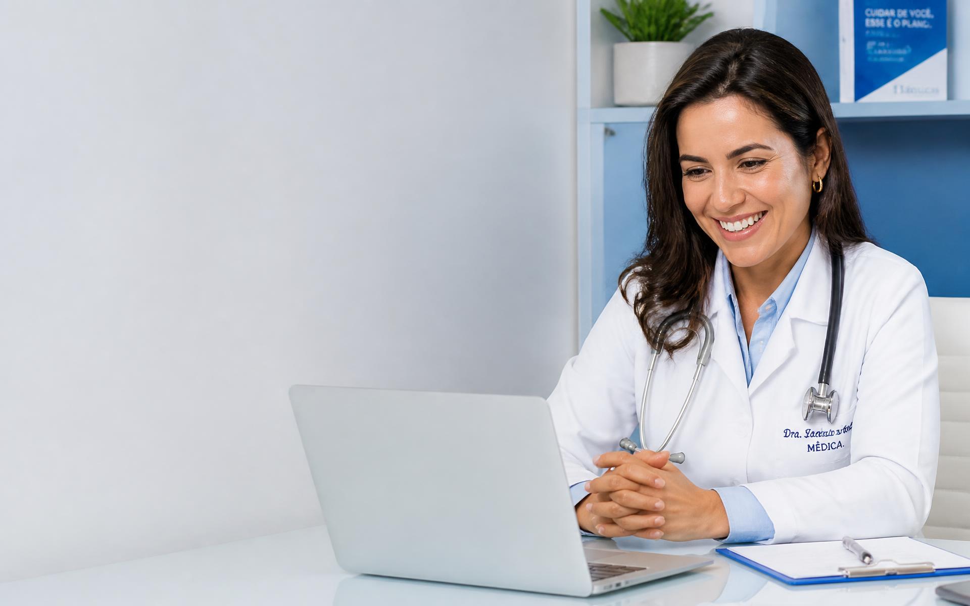 Médica com CRM ativo realizando atendimento online por telemedicina